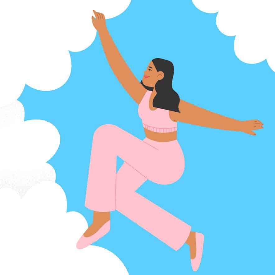 Illustration of a smiling woman with long black hair and light brown skin. She is wearing a pink outfit and shoes. She appears to be floating in a blue sky with white clouds.