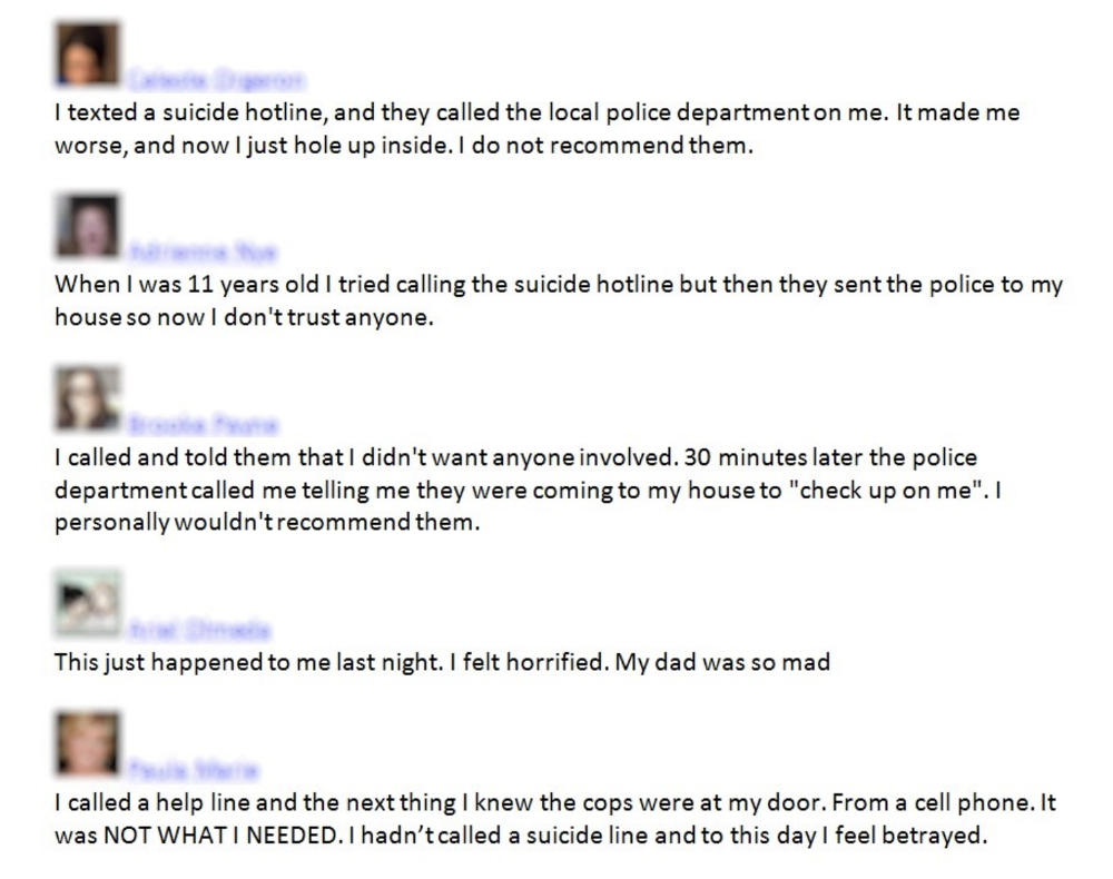 Screenshot of comments of negative experiences of users of hotlines who used non-consensual law enforcement interventions