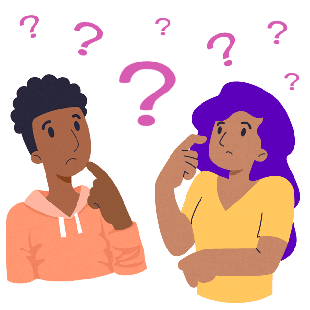 Illustration of a femme person with light brown skin and long purple hair and a masculine person with dark brown skin and short curly brown hair. They are holding one hand close to their face, with a look of questioning or confusion.