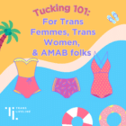 Yellow and blue beach background. Cute Illustrated swimsuits in foreground. Text: Tucking 101: For Trans Femmes, Trans Women, & AMAB folks.