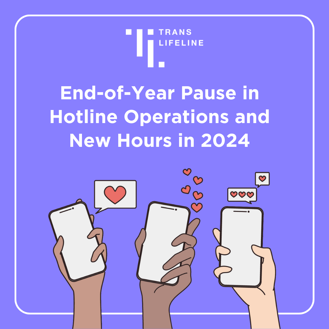 Graphic with a purple background and white text, illustrated with drawings of hands holding cellphones, with little hearts surrounding them. The text says, "New Hotline Operating Hours."