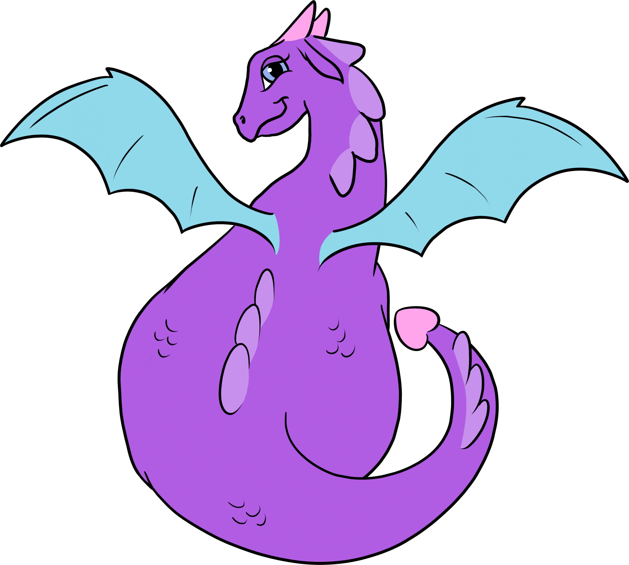 A purple dragon with light blue wings and blue and pink accents on its body. The dragon appears to be happy and has a slight smile on its face. The dragon is sitting in a curled-up position, with its back to the viewer and its head turned slightly to look at them.
