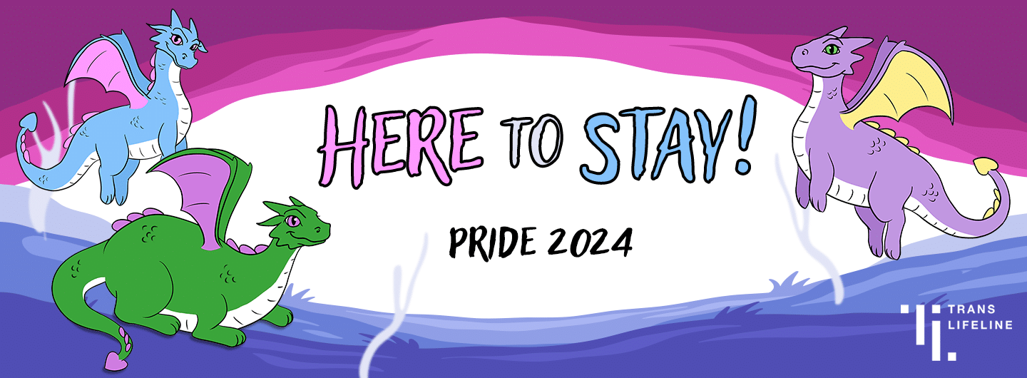 The image shows three cartoon dragons on a blue to purple gradient background. The text in the middle says "Here to Stay! Pride 2024" The dragon on the left is a light blue color with purple wings and a purple belly. The middle dragon is green with a white belly and purple wings. The dragon on the right is purple with yellow wings and a yellow belly.