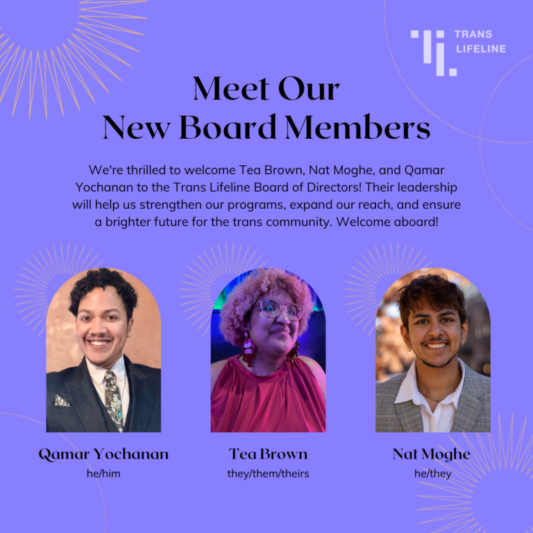 Purple graphic announcing the addition of Tea Brown, Nat Moghe, and Qamar Yochanan to the Trans Lifeline Board of Directors. It features headshots of each new member, their names, and their pronouns (Tea Brown: they/them/theirs, Nat Moghe: he/they, Qamar Yochanan: he/him). The graphic includes the Trans Lifeline logo.