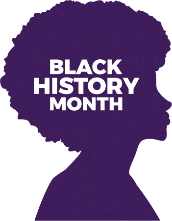 An image of a woman's profie silhouette with an Afro haircut, with the words BLACK HISTORY MONTH inside.