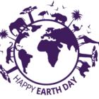 A stylized illustration for Earth Day. A white globe showing the continents is encircled by silhouettes of various animals, including elephants, giraffes, a rhinoceros, and birds, along with trees like palm trees and acacia trees. The text "HAPPY EARTH DAY" curves along the bottom of the image in a simple, sans-serif font.