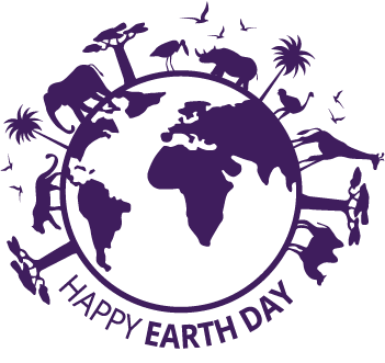 A stylized illustration for Earth Day. A white globe showing the continents is encircled by silhouettes of various animals, including elephants, giraffes, a rhinoceros, and birds, along with trees like palm trees and acacia trees. The text "HAPPY EARTH DAY" curves along the bottom of the image in a simple, sans-serif font.