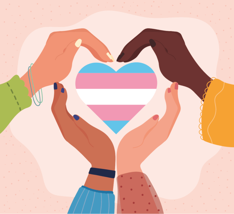 A digital illustration shows four diverse hands forming a heart shape around a trans flag heart. The hands vary in skin tone and include different sleeves and accessories. The background is a soft pink with subtle speckles.