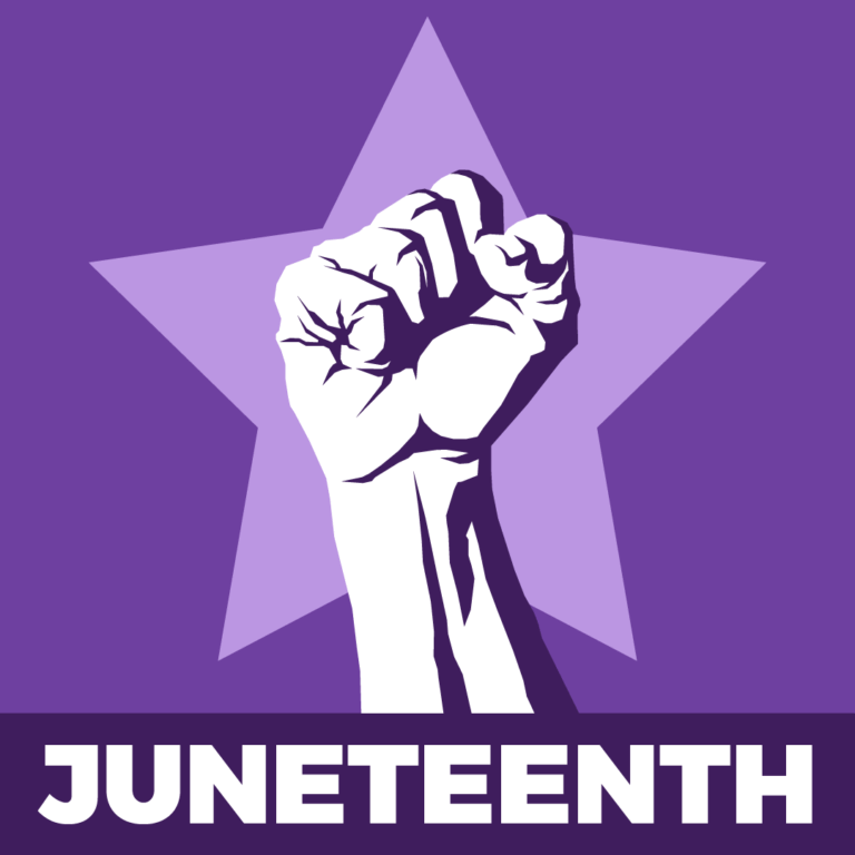 A stylized image with a purple background featuring a large, light purple star in the center. In front of the star, a white, closed fist is raised upwards. Below the star and fist, a darker purple band contains the word "JUNETEENTH" in white, bold, sans-serif letters.