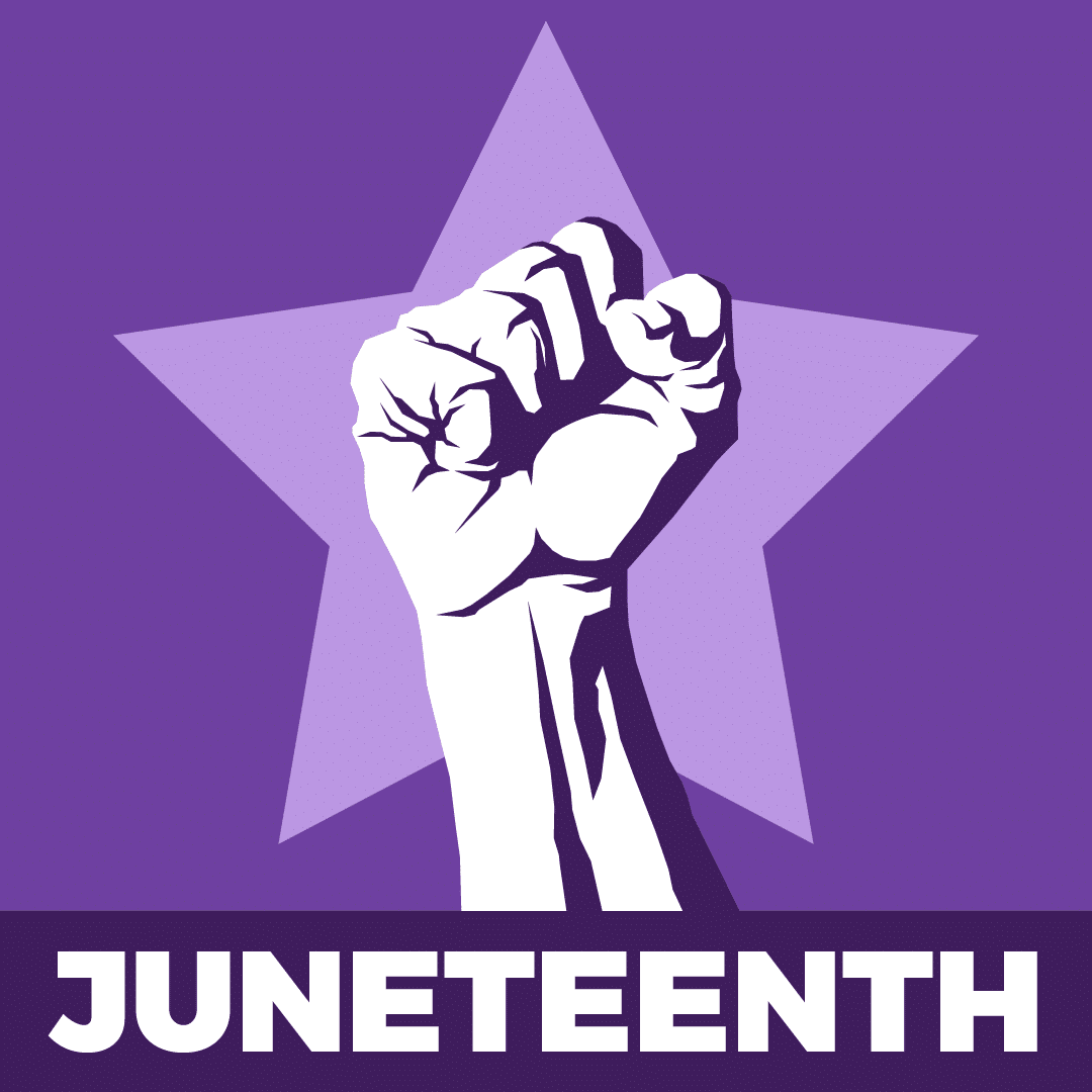 A stylized image with a purple background featuring a large, light purple star in the center. In front of the star, a white, closed fist is raised upwards. Below the star and fist, a darker purple band contains the word "JUNETEENTH" in white, bold, sans-serif letters.